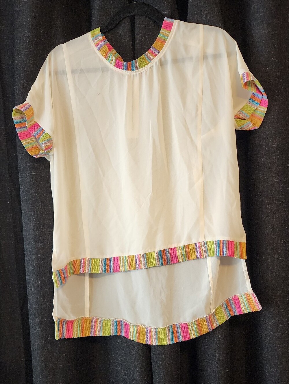 Umgee USA Cream Sheer Top with Multicolor Knit Trim – Size M Travel, Boho, Vacay